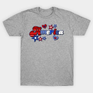 America, Red White and Blue, Stars and Hearts T-Shirt